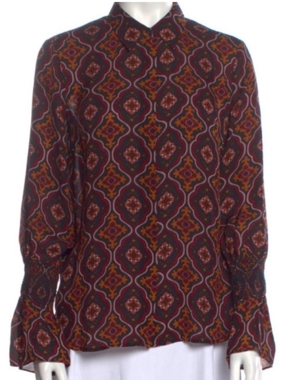 A.L.C. Burgundy Black Gold Paisley Print Silk Button Up Blouse 4